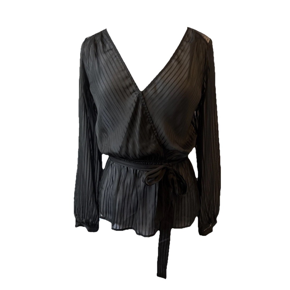 Express Sheer Lace Long‎ Sleeve V Wrap Peplum Tie Blouse S Romantic Whimsigoth